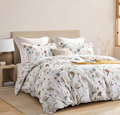 SLEEPBELLA Comforter Twin Size, 600 Thread Count Cotton White Printed with Blue & Blush Flowers Cotton Comforter Set,Down Alternative Bedding Set 2Pcs(Twin, White Floral)