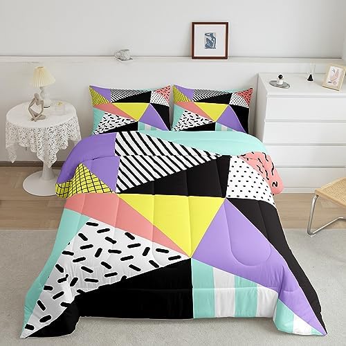 Manfei Memphis Comforter Set King Size, Geometric Triangle Pattern Quilt Set with 2 Pillowcases, Retro 80s 90s Fashion Style Bedding Set 3pcs for Kids Boys Girls Lightweight Duvet Insert