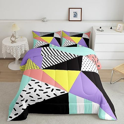Manfei Memphis Comforter Set King Size, Geometric Triangle Pattern Quilt Set with 2 Pillowcases, Retro 80s 90s Fashion Style Bedding Set 3pcs for Kids Boys Girls Lightweight Duvet Insert