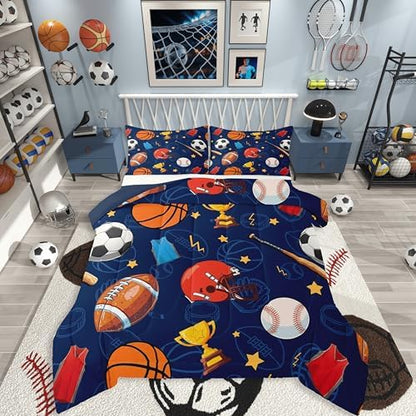 jejeloiu Sports Theme Kids Comforter Set Toddler Size Basketball Soccer Baseball Football Bedding Set Gaming Sports Duvet Quilt for Kids Boys Girls Bedroom Ball Games Decor Microfiber Ultra Breathable