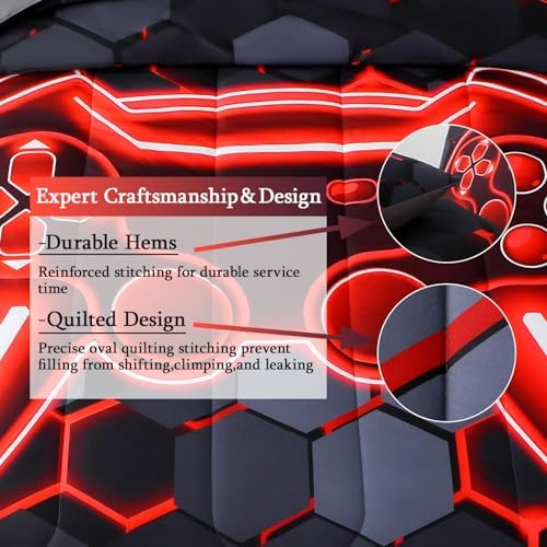 JQinHome Full Size Gaming Bedding Set 6-Piece Comforter for Boys Teens - 3D Video Game Print Bed in a Bag with Sheets, Red Cool Black Design (Full)