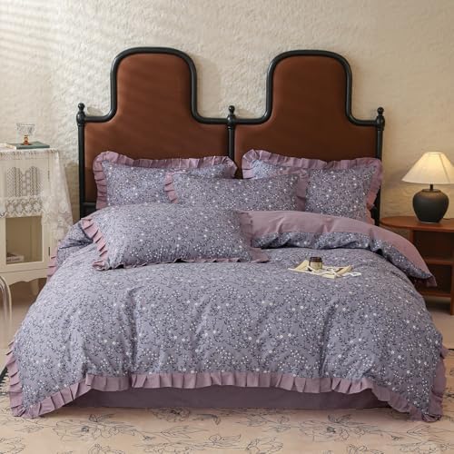 VM VOUGEMARKET White Daisy Flower Duvet Cover Set Queen 100% Cotton Purple Ruffle Comforter Cover 3 Pcs Romantic Princess Bedding Duvet Cover with Zipper Ties 2 Pillow Shams