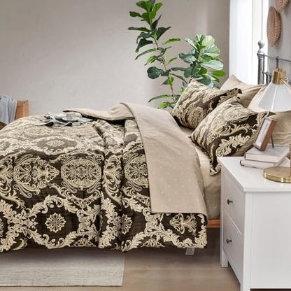 WONGS BEDDING 7 Pieces Comforter Set Queen Size,Damask Texture Design Bed in a Bag Bedding Sets,Brown Soft Lightweight Microfiber Bedding Set for All Season