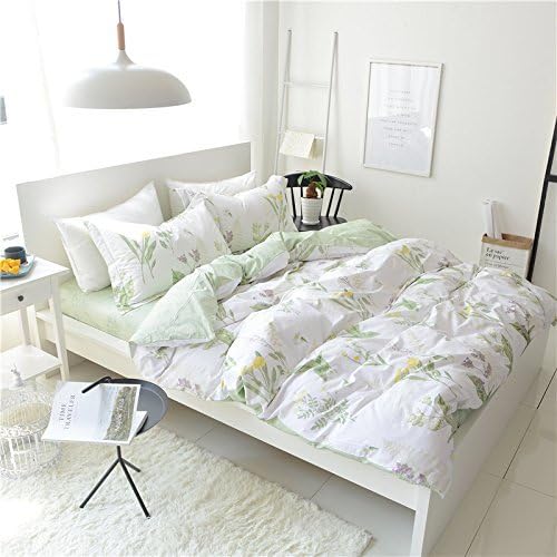 FADFAY Duvet Cover Set Queen Shabby Green Daisy and Lavender Flowers 100% Cotton with Hidden Zipper Closure 3-Piece:1 Duvet Cover & 2 Pillowcases Queen Size