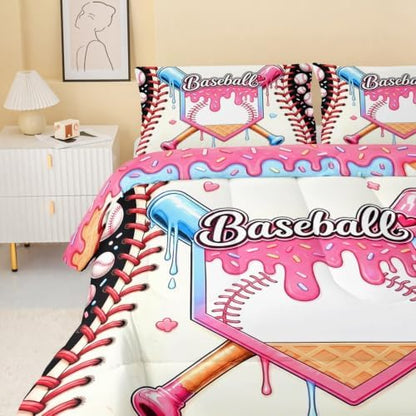 BSNTHO Baseball Queen Size, Comforter Set Ice Cream Kids Comforter 3Pcs
