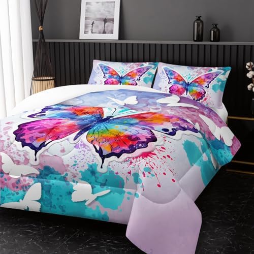 Nttopship Colorful Butterfly Comforter Set, 3-Piece Full Size for Girls Teens, Purple Blue Butterfly, Full Bedding Set, 1 Comforter + 2 Pillowcases