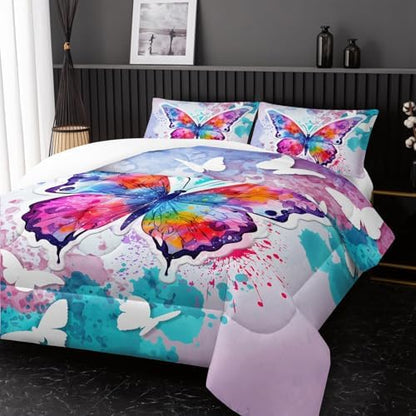 Nttopship Colorful Butterfly Comforter Set, 3-Piece Full Size for Girls Teens, Purple Blue Butterfly, Full Bedding Set, 1 Comforter + 2 Pillowcases