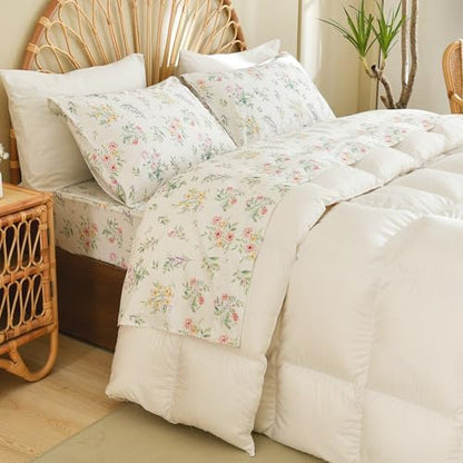 QSH Green Floral Egyptian Cotton Sheets King Size, Yellow Flowers Pattern Printed Bed Sheets Sets King Size Botanical Aesthetic Extra Soft and Breathable 17.5" Deep Pockets Bedding Sheets 4pcs