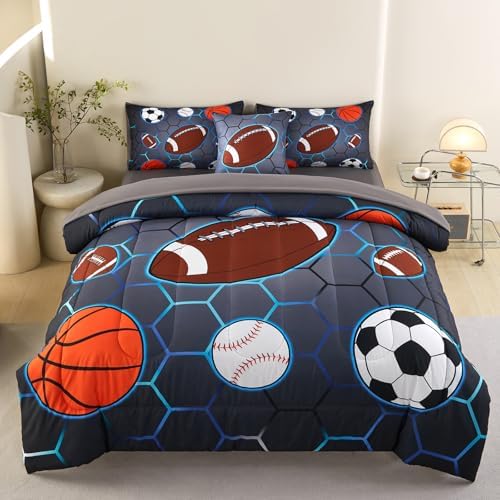6 Pcs Sports Bedding Set for Boys Full Size, Basketball Baseball Football Soccer Bedding Boys Comforter Set with Sheets