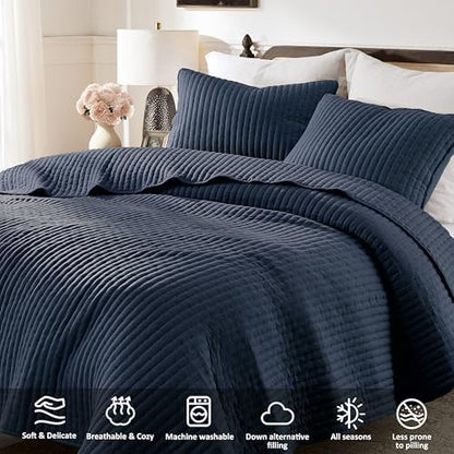 WDCOZY Navy Blue Cross Stitch King Size Quilt Set, Striped Lightweight Soft Bedspread, Channel Farmhouse Rustic Coverlet, All Season Country Bedding, Thin Comforter