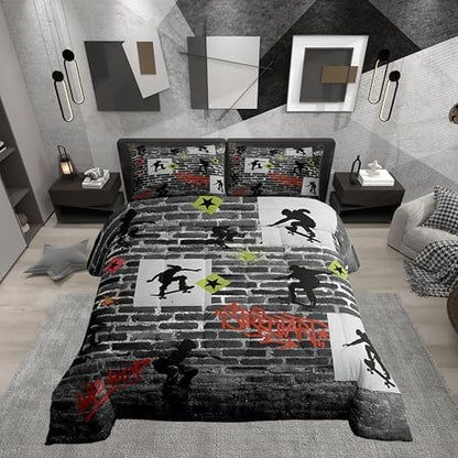 Cool Skateboard Comforter Set Queen for Boys Kids Green Red Graffiti Room Decor Hip Hop Style Comforter Aldult Bedroom Grey Brick Wall Bedding Set 1 Comforter with 2 Pillow Cases,Lightweight Warm Soft