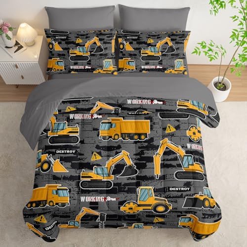7Pcs Truck Comforter Set Engineering Vehicle Printed Bedding Set with 1 Comforter, 1 Flat Sheet, 1 Fitted Sheet and 4 Pillowcases for Boys and Girls Bedroom All Season(Twin)