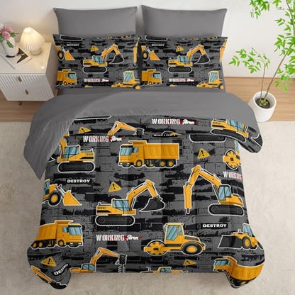 7Pcs Truck Comforter Set Engineering Vehicle Printed Bedding Set with 1 Comforter, 1 Flat Sheet, 1 Fitted Sheet and 4 Pillowcases for Boys and Girls Bedroom All Season(Twin)
