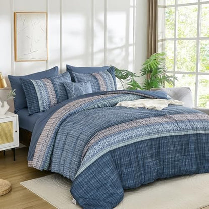 Dintszyayue Blue Comforter Set King Size, 8 Pieces Boho Striped Bed in a Bag Soft Microfiber Bedding Set for All Season