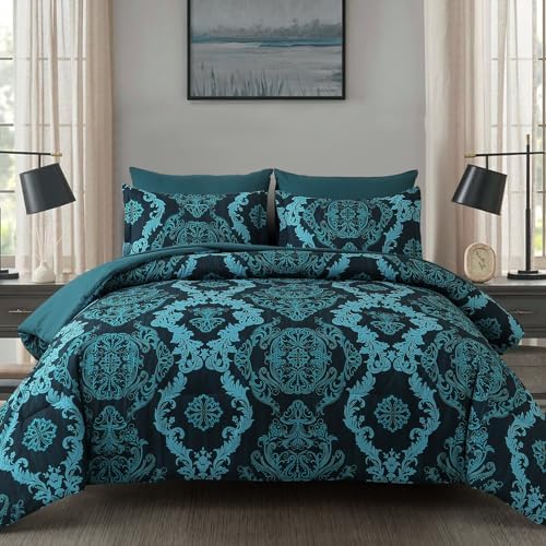 WONGS BEDDING 7 Piece King Comforter Set, Teal Texture Breathable Microfiber Comforter Bedding Set for All Season, Damask Bed in a Bag with Comforter, Flat Sheet, Fitted Sheet, Pillowcases & Shams