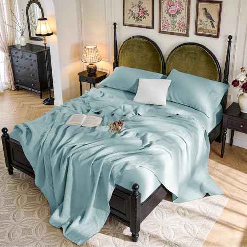 SONORO KATE 100% French Linen Queen Size Sheets Set,Natural Flax Bedding
