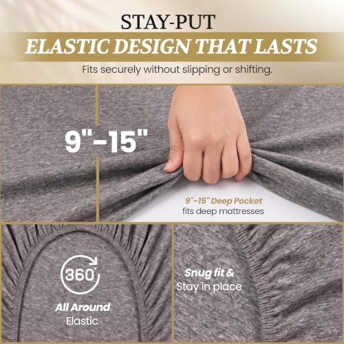 Twin XL Cotton Knit Jersey Sheet Set, 15" Deep Pocket,Heather Grey, 3pc