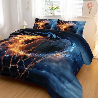 Nttopship Sports Soccer Comforter Set Full Size,Fireball Soccer Ball Bedding Sets 3PCS for Kids Teen Adult Sports Room Decor Ultra-Soft Lightweight Microfiber 1 Comforter with 2 Pillowcases