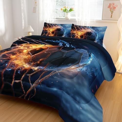 Nttopship Sports Soccer Comforter Set Twin Size,Fireball Soccer Ball Bedding Sets 3PCS for Kids Teen Adult Sports Room Decor Ultra-Soft Lightweight Microfiber 1 Comforter with 2 Pillowcases