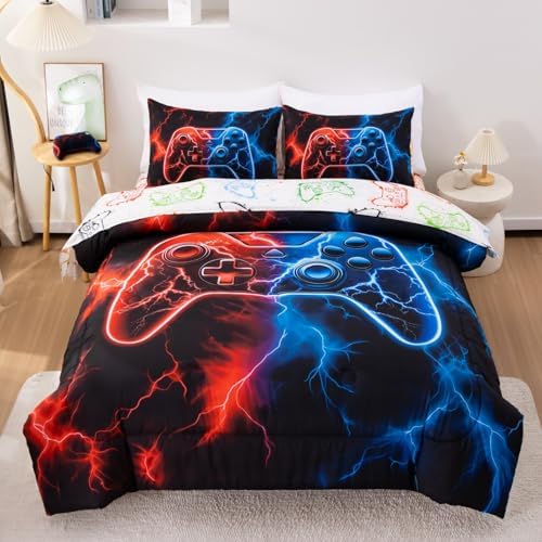 Meeting Story 5 Pcs Gaming Bedding Set Queen Size Green Game Console Kids Bed in A Bag 3D Black Gamer Comforter Set with Sheets for Boys Teen(RedBlue)