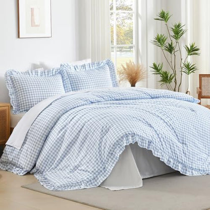 Andency Blue Gingham Ruffle Comforter King, 3 Pieces Vintage Bedding