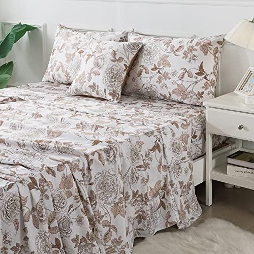 FADFAY Sheets Set Twin XL Vintage White and Brown Floral Bedding Elegant Peony Sheets Shabby Rose Farmhouse Bedding 100% Egyptian Cotton 800 Thread Count Deep Pocket Fitted Sheet 4Pcs, Twin XL Size