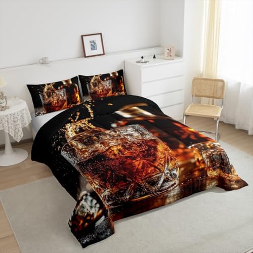 Whisky Drinks Kids Comforter Set Full Size,Whiskey Malt Liquor Drinking Bedding Set,Girls Boys Room Decor,Bar Beer Glass Quilt Comforter,Western Fashion Duvet Insert,2 Pillowcases