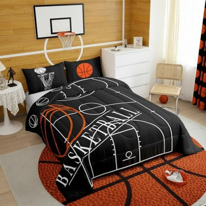 Erosebridal Boys Basketball Full Comforter Set for Kids Child Sports Theme Bedding Set, Ball Gamer Bedding Comforter Sets Basketball Printed Reversible Duvet Set, Black Quilted Comforter