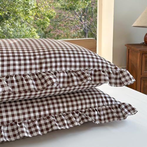 NSNLGSGC Mocha Gingham Ruffle Queen Duvet Cover