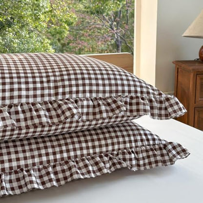 NSNLGSGC Mocha Gingham Ruffle Queen Duvet Cover
