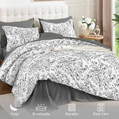Queen Size Comforter Set 8 Pieces Grey Floral Bed in a Bag Comforter Sets