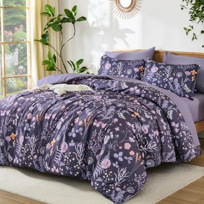 Yiran King Size Comforter Set 7 Piece, Dusty Purple Floral Bedding Set Fall