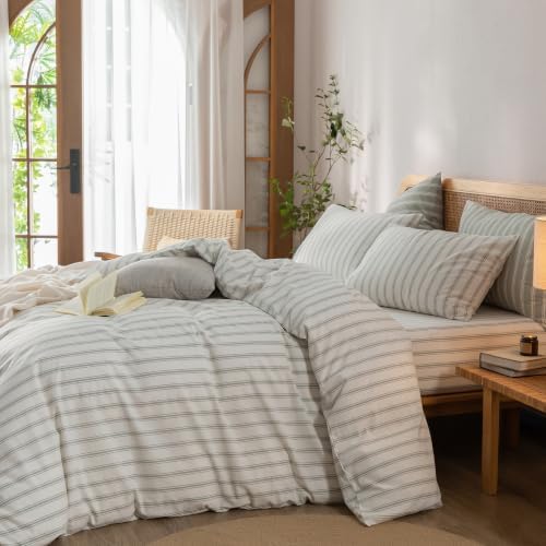 BESTOUCH Striped Cotton Duvet Cover Set Linen Feel Alaska King