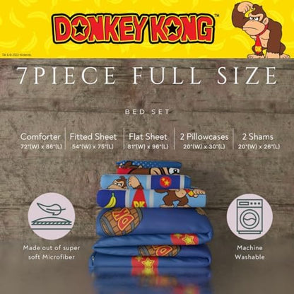 Collectibles Nintendo Donkey Kong Gaming Bedding 7 Piece Super Soft Reversible Comforter and Sheet Set with Sham, Full, (Officially Licensed Product) By Franco