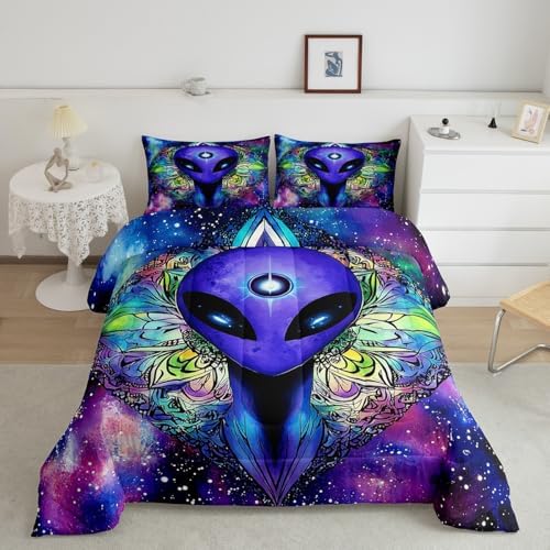 Trippy Alien Comforter Set Queen Galaxy Hippie Bedding Set for Kids Boys Teens Trippy Room Decor, Outer Space Solar System Duvet Sets Boho Psychedelic Tie Dye Down Comforter with 2 Pillow Cases
