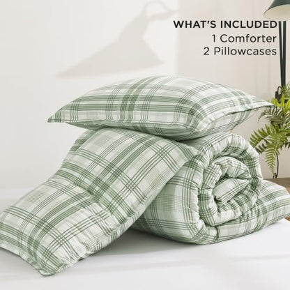 Andency Sage Plaid Comforter Set Queen, Gingham Checkered Grid Bedding Set