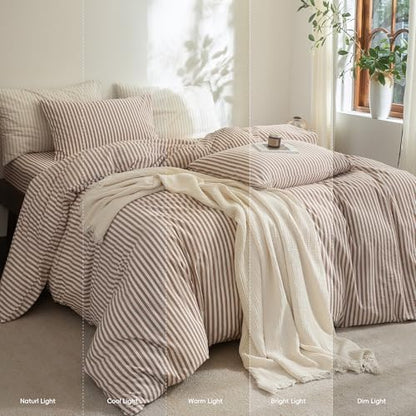 FOSSA Striped Duvet Cover Set 100% Washed Cotton Linen Feel Queen