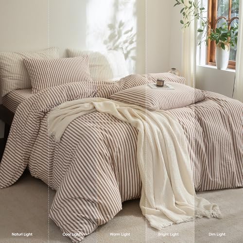 FOSSA Striped Duvet Cover Set 100% Washed Cotton Linen Feel Oversized Queen