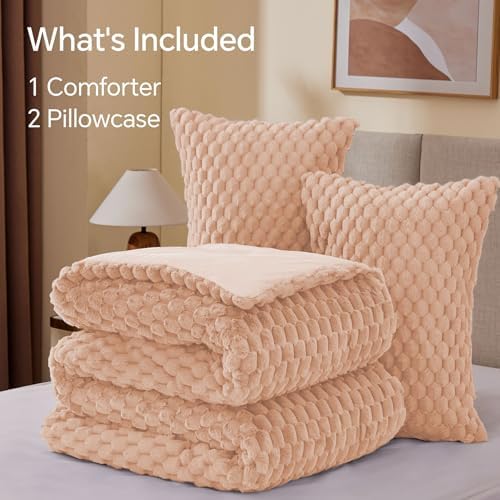 BEDELITE Fluffy King Size Comforter Set, Coral Pink Fleece Bed Set 3 Pieces
