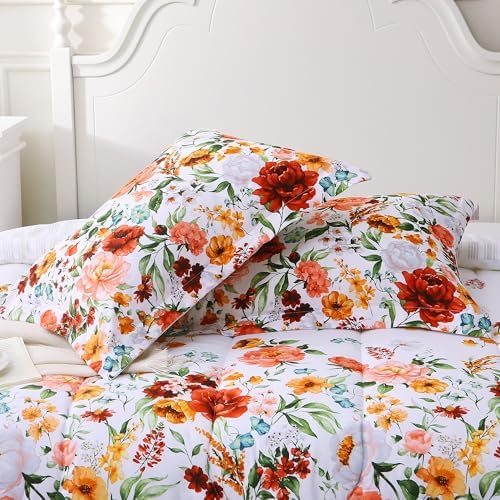 Mooreeke Floral Full Size Comforter Sets, Vintage Red Blossoms Patterned Bed in a Bag for All Seasons, 3-Piece Farmhouse Rustic Bedding Set with Fluffy Quilted Reversible Comforter & 2 Pillow Shams