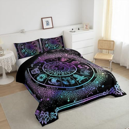 Sun and Moon Comforter Set Zodiac Signs Astrology Bedding Set King Constellations Galaxy Down Comforter Spiritual Gifts for Girls Teens Women,Trippy Leo Aquarius Quilt Duvet Set Purple Blue 3 Pcs