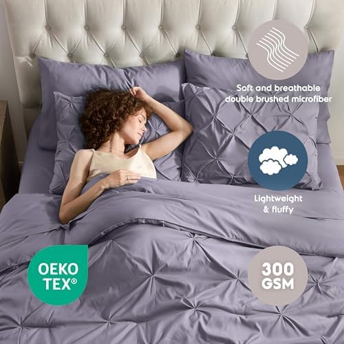 Nestl 9 Piece King Comforter Set – Grayish Purple Pinch Pleated Bed in a Bag – Complete King Size Bedding Set with Sheets, Set of 2 Cooling Pillows, Pillowcases and Shams