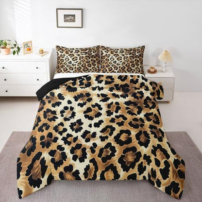 jejeloiu Leopard Comforter Set All Season Animal Skin Bedding Set with 2 Pillow Cases Animal Print Microfiber Kids King Bedclothes Bedroom Decor Duvet Quilt Breathable Soft Lightweight
