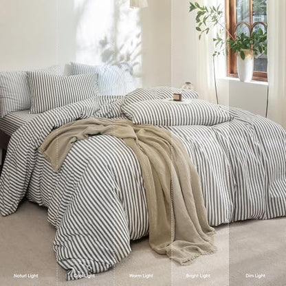 FOSSA Striped Duvet Cover Set 100% Washed Cotton Linen Feel Full