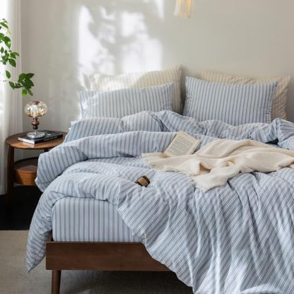 FOSSA Striped Duvet Cover Set 100% Washed Cotton Linen Feel Queen