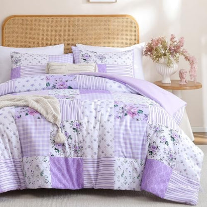 YIKUSH Purple Floral King Comforter Set, Soft Lightweight All Season Bedding Set for Women Girls, Cozy Cottagecore Botanical Comforter King Size with 2 Pillow Shams, Breathable Floral Bed Set