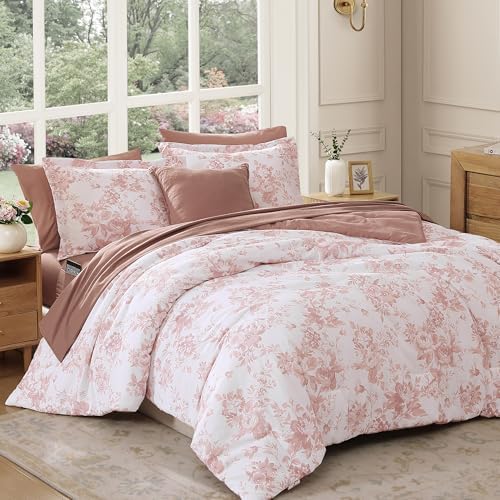 BLOOMHAVEN Oversized Queen Comforter Set-7 Pieces Rose Floral Bed in a Bag