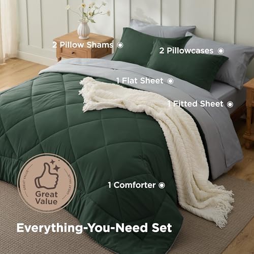Bedsure Bed in a Bag Full Reversible Bed Set 7 Pcs Forest Green/Dark Grey