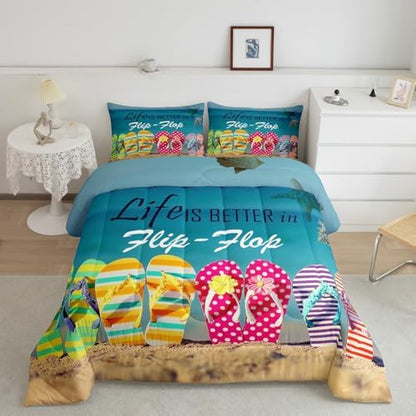 Ocean Beach Bedding Set King Size Colorful Flip Flops Comforter Set 3pcs Retro Summer Holiday Themed Quilted Duvet for Kids Teens Room Decor Women Men Romantic Hawaii Duvet Insert,2 Pillowcases