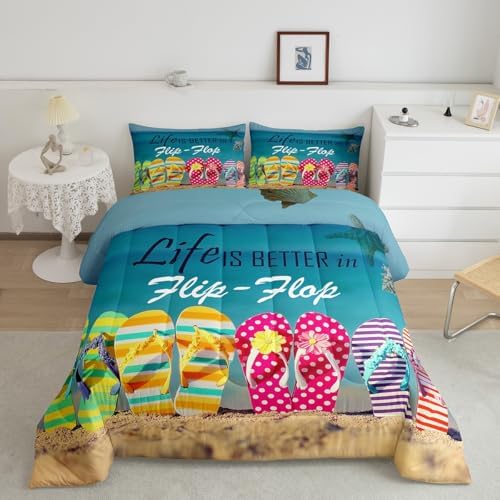 Ocean Beach Comforter Set Queen Size Colorful Flip Flops Bedding Set 3pcs Retro Summer Holiday Themed Quilted Duvet for Kids Teens Room Decor Women Men Romantic Hawaii Duvet Insert,2 Pillowcases